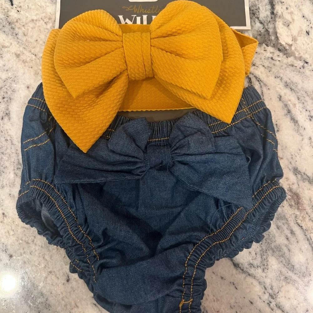 Willow Mustard and Denim Diaper Cover Set & hair bow